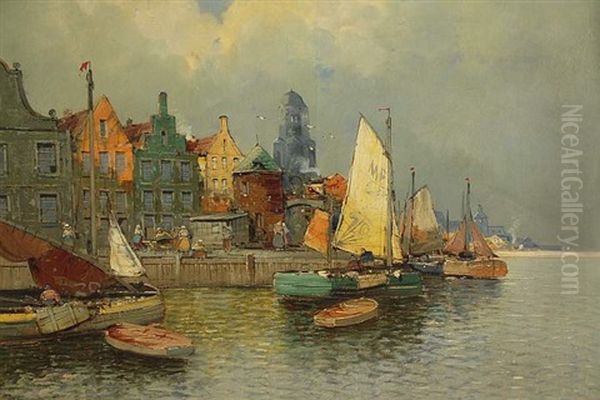 Hafenansicht Mit Zahlreichen Fischerbooten Oil Painting by Georg Fischhof