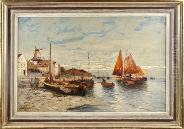 Hollandischer Fischerhafen Bei Ebbe Oil Painting by Georg Fischhof