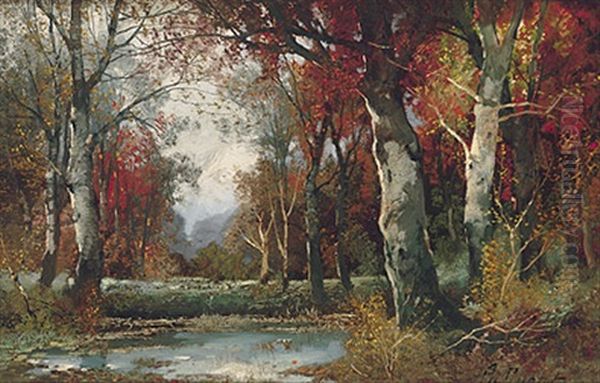 Herbstliche Waldlandschaft Mit Teich Oil Painting by Georg Fischhof