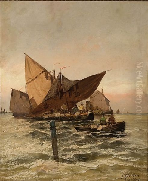 Venetian Fishing Boats Oil Painting by Georg Fischhof