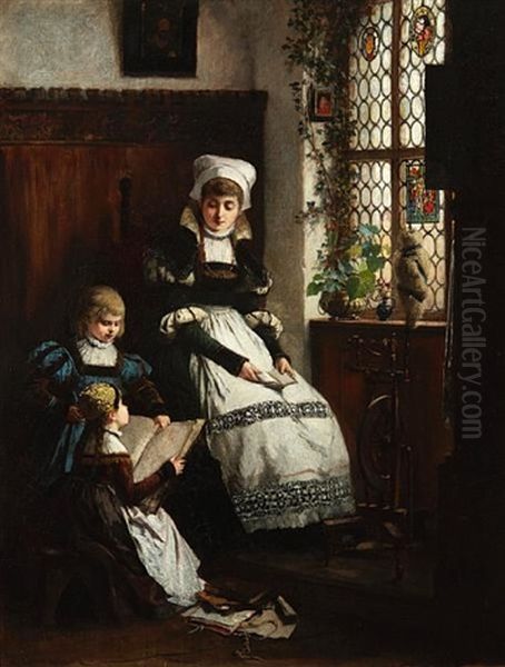 Mother And Children In Interior Oil Painting by Georg Fischhof