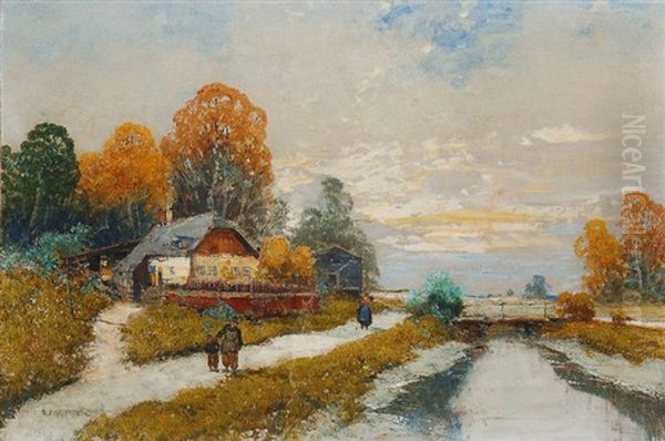 Spazierganger Am Flus Oil Painting by Georg Fischhof