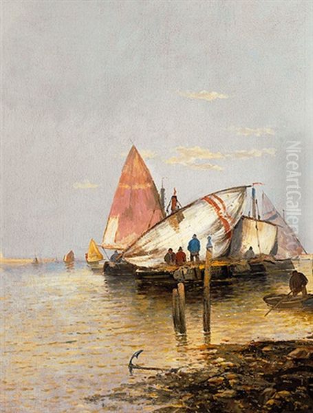 Hafen Mit Fischersegelbooten Oil Painting by Georg Fischhof