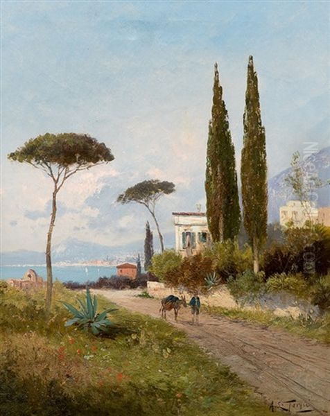 Scenery At The Amalfi Coast Oil Painting by Georg Fischhof