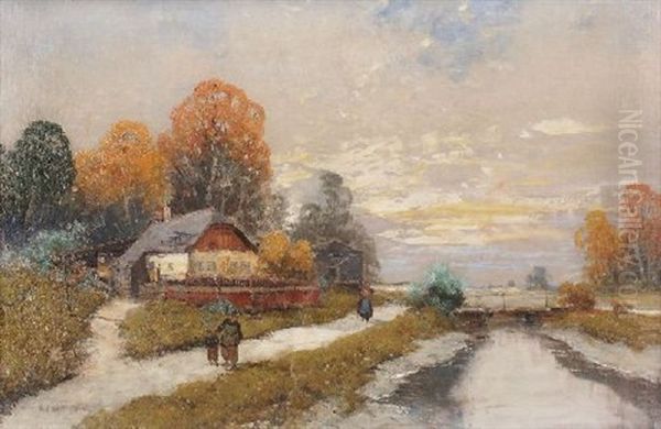 Herbstliche Fluslandschaft Oil Painting by Georg Fischhof