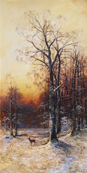 A Winter Landscape With A Deer Oil Painting by Georg Fischhof