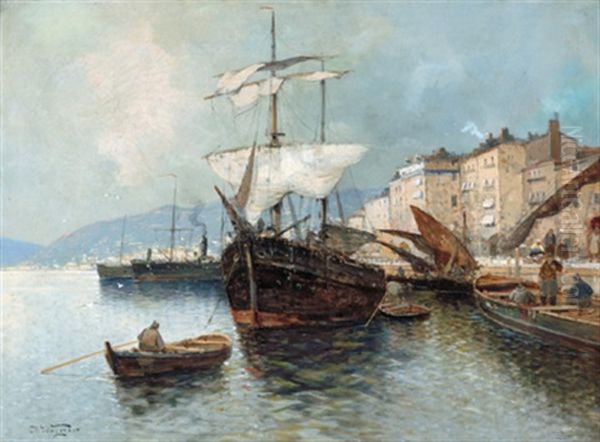 Italienischer Hafen Mit Fischerbooten Und Einem Dampfschiff Oil Painting by Georg Fischhof