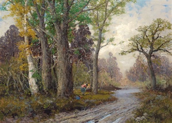 Reisigsammlerinnen Im Herbstwald Oil Painting by Georg Fischhof