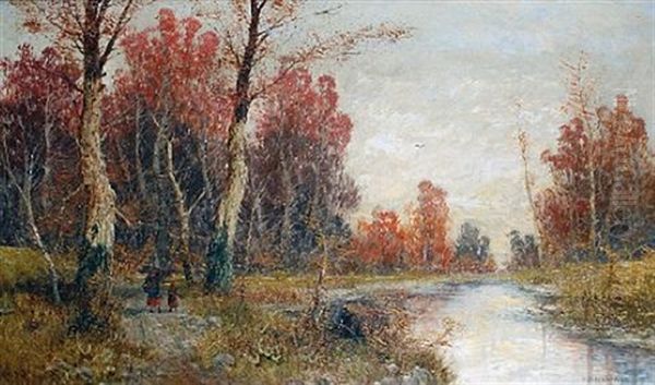 Figures In An Autumnal Landscape Oil Painting by Georg Fischhof