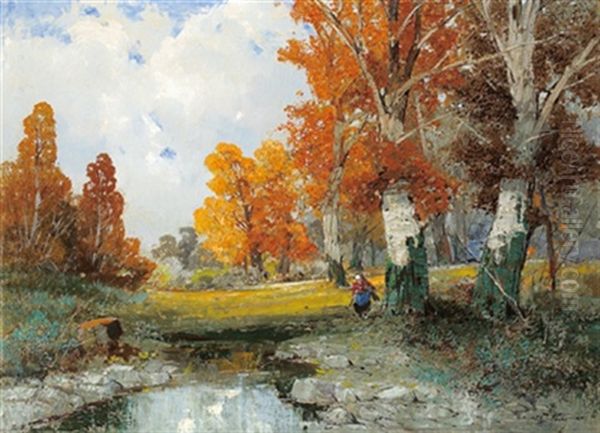 Herbstliche Aulandschaft Mit Reisigsammlerin Oil Painting by Georg Fischhof