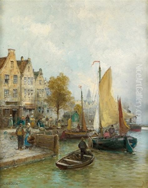 Hollandische Hafenstadt Mit Figurlicher Staffage Oil Painting by Georg Fischhof