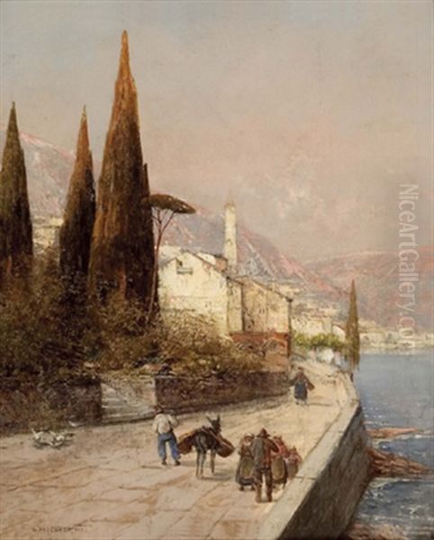 Italienische Kustenlandschaft Mit Figuraler Staffage Oil Painting by Georg Fischhof