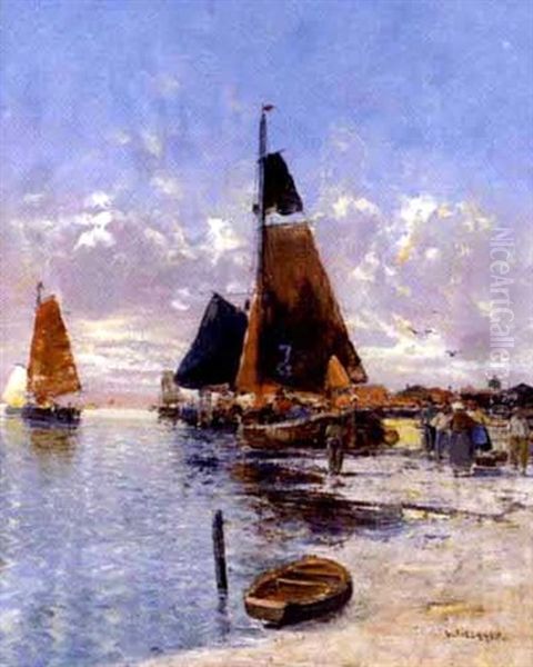 Beladen Der Segelschiffe Am Strand by Georg Fischhof