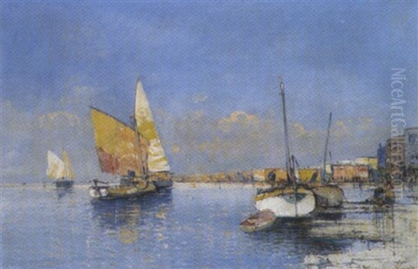 Segelschiffe Vor Einer Hafenstadt Oil Painting by Georg Fischhof