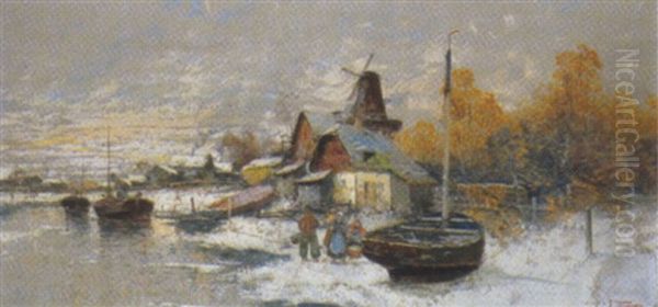 Hollandische Winterlandschaft Oil Painting by Georg Fischhof