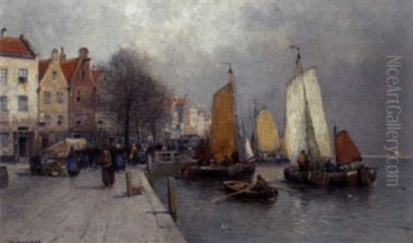 Segelschiffe Im Hafen Oil Painting by Georg Fischhof