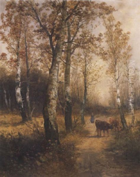 Tehenek Az Erdoszelen (cattles At The Ledge Of The Woods) Oil Painting by Georg Fischhof