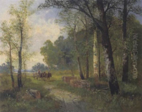 Fuhrwerk Am Waldweg Oil Painting by Georg Fischhof