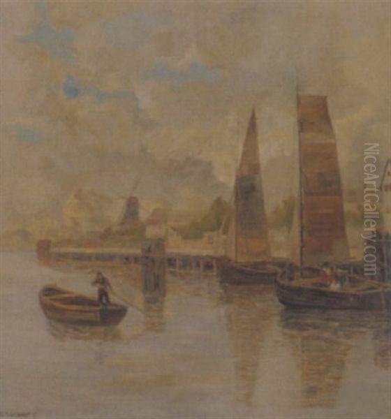 Hollandische Flusslandschaft Mit Fischerbooten Oil Painting by Georg Fischhof