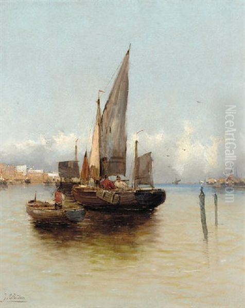 Fishing Boats By A Port Oil Painting by Georg Fischhof