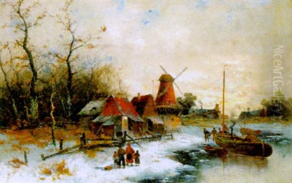 Winterstimmung Am Hollandischen Kanla Oil Painting by Georg Fischhof