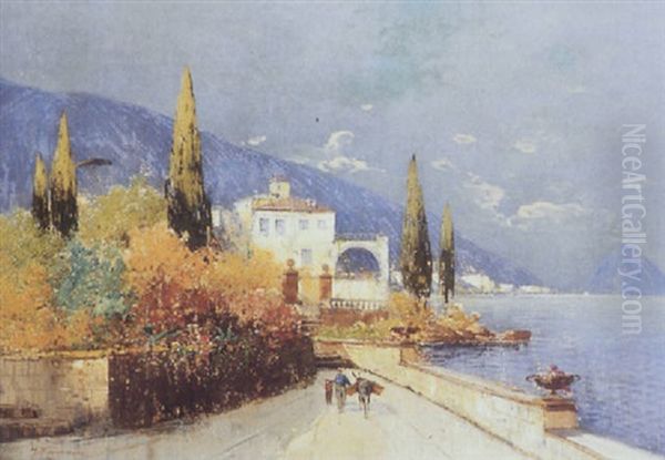 Blomstrende Sydlansk Landskab Med Udsigt Over Havet, I Forgrunden Figurer Og Aesel Ved By Oil Painting by Georg Fischhof