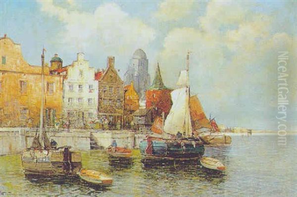 Ansicht Einer Hollandischen Hafenstadt Oil Painting by Georg Fischhof