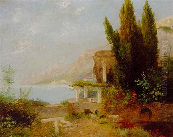 A Coastal Landscape With Classical Ruins Oil Painting by Georg Fischhof