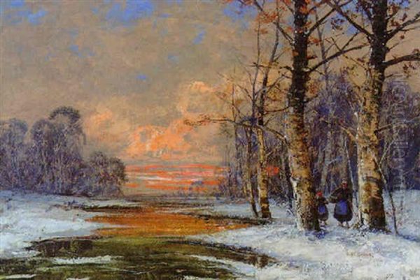 Winterlandschaft Im Abendlicht Oil Painting by Georg Fischhof