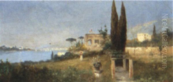 A View Over An Italian Lake Oil Painting by Georg Fischhof