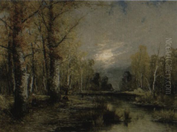 Faggot Gatherers In An Autumnal River Landscape Oil Painting by Georg Fischhof