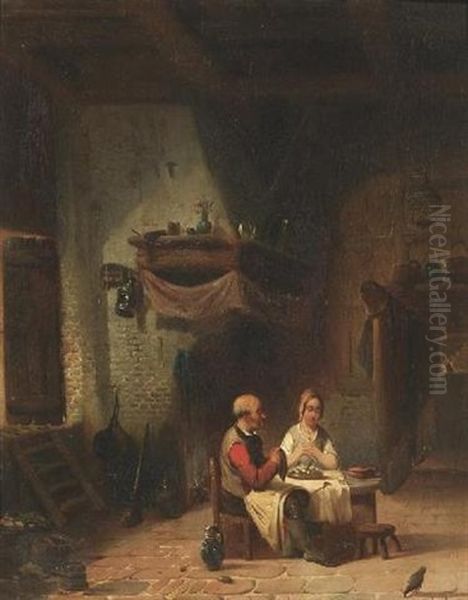 Das Tischgebet. Bauernpaar Vor Dem Gedeckten Tisch In Der Stube Oil Painting by Leopold Fisette