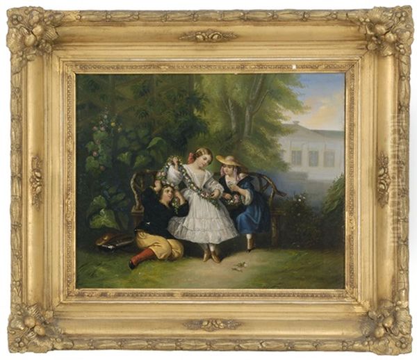 Three Young Girls In A Garden Oil Painting by George G. Fish