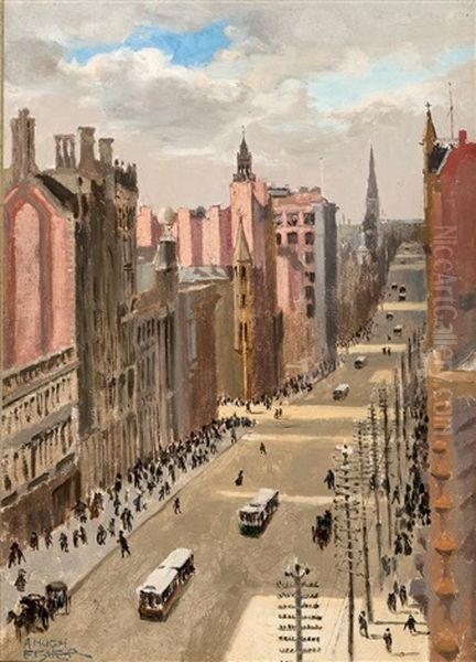 Collins Street, Melbourne Oil Painting by A(lfred) Hugh Fisher