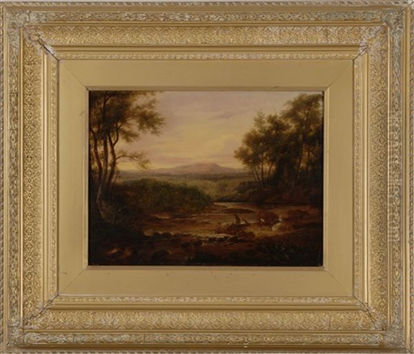 Luminious Landscape With Cattle And Figures Oil Painting by Alvan Fisher