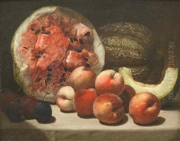 A Still Life With Watermelon And Peaches Oil Painting by Alvan Fisher