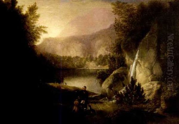 Landscape With Waterfall And Artist Sketching Oil Painting by Alvan Fisher