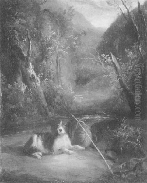 Mountain Landscape, Spaniel Dog In Foreground Oil Painting by Alvan Fisher