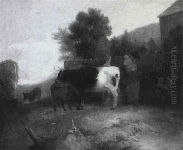 Landscape With Family And Cow Oil Painting by Alvan Fisher