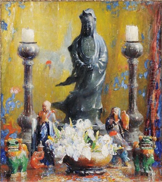 Still Life With Asian Artifacts, Candlesticks, And Flowers Oil Painting by Anna S. Fisher