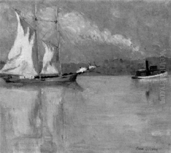 Tugboat Towing A Sailboat Down A River Oil Painting by Anna S. Fisher