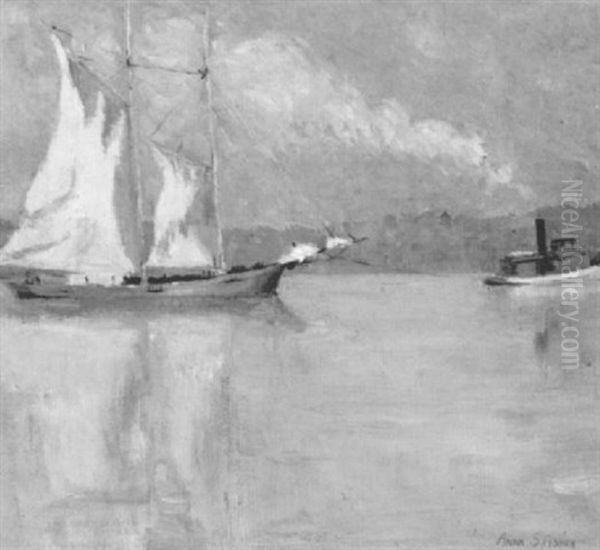 Tugboat Towing A Sailboat Down A River Oil Painting by Anna S. Fisher