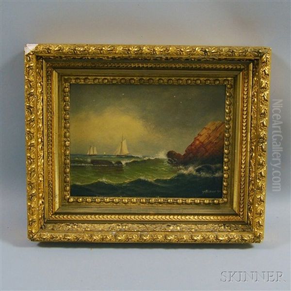 Sailboats Off A Rocky Coast Oil Painting by D.A. Fisher