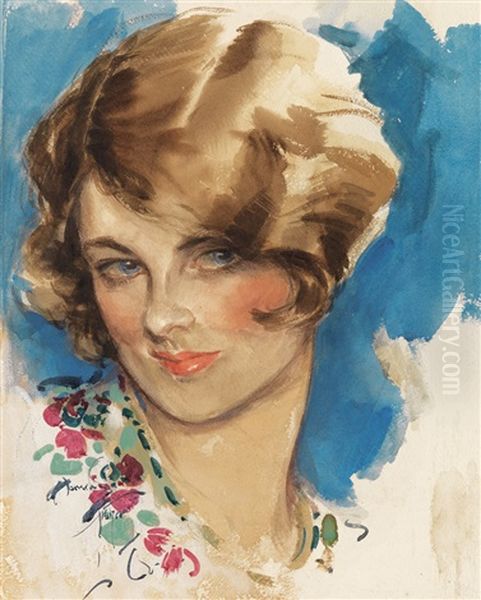 Floral Flapper Girl Oil Painting by Harrison Fisher