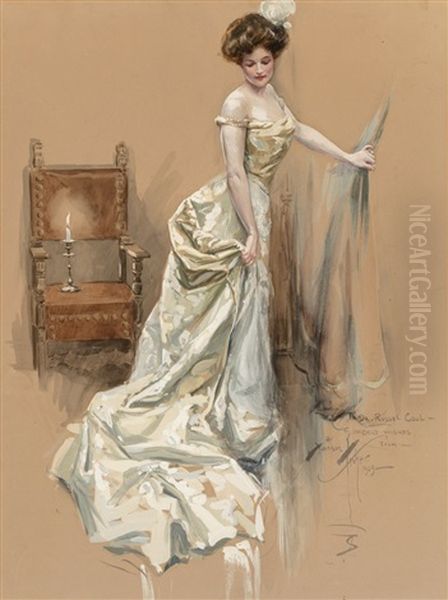 Demure In Yellow Silk, Probable Magazine Interior Illustration, 1909 Oil Painting by Harrison Fisher