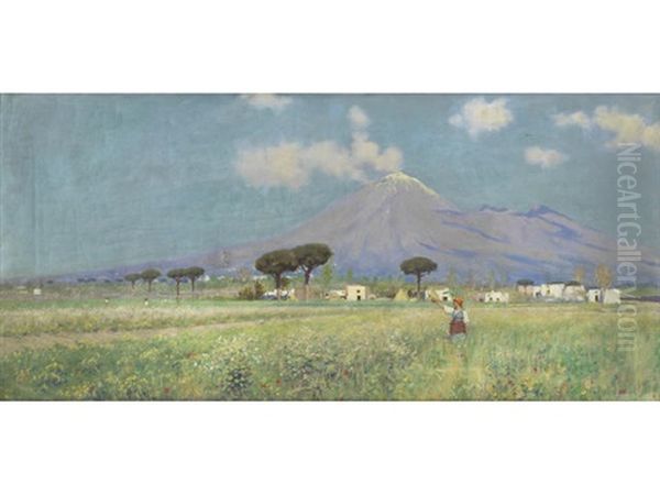 A Summer Meadow, Vesuvius In The Distance Oil Painting by Horace Fisher