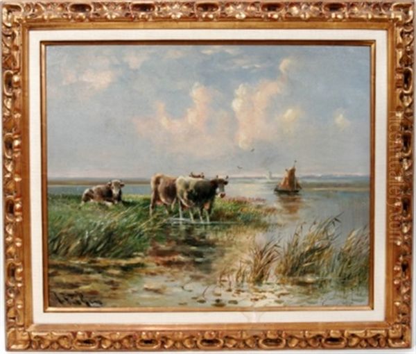 Cows At Rivers Edge by Hugo Anton Fisher