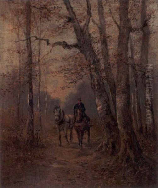 Riding Through A Woodland Landscape Oil Painting by Hugo Anton Fisher