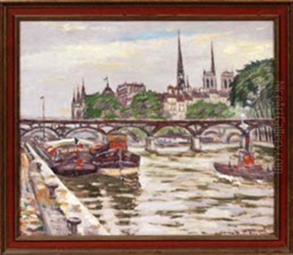 Cityscape With River, Bridge & Boats by Hugo Melville Fisher