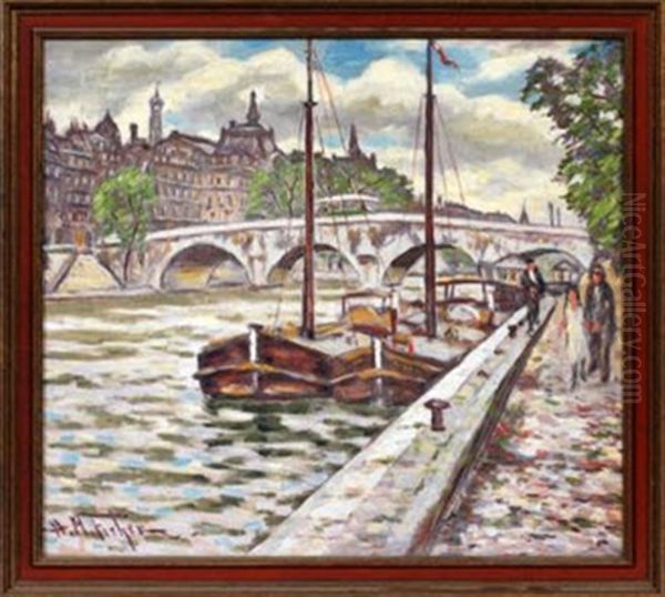 City River Scene With Brisge Oil Painting by Hugo Melville Fisher